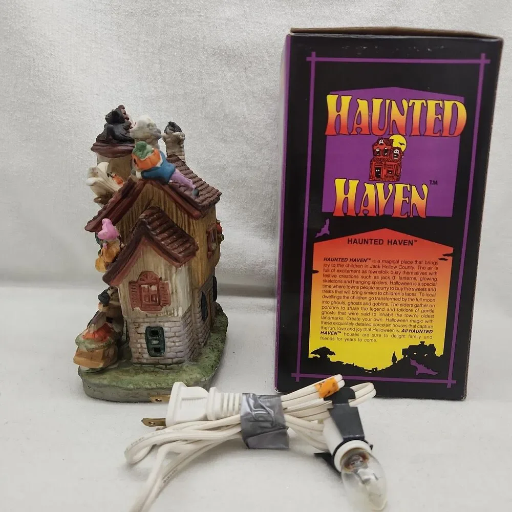 House Pumpkin Factory Lighted Porcelain Haunted Haven Witch Ghost Cat Four Star
